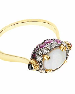 "Reverse" Gold, Pink Sapphires, Rubies, White Australian Opal And Diamonds Double-face Ring (SMALL) -Nanis Sales 1279