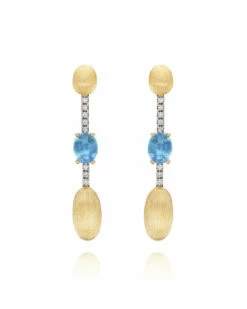 "Azure" Gold, London Blue Topaz And Diamonds Bars Long Earrings