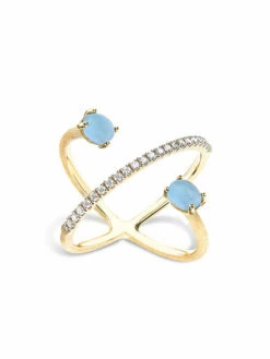 "Azure" Gold, Diamonds And Aquamarine Criss Cross Ring