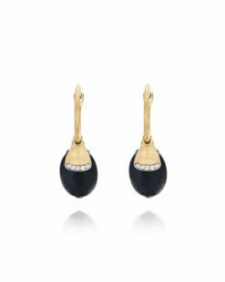 "Ciliegine" Gold And Black Onyx Ball Drop Earrings With Diamonds Details (SMALL)