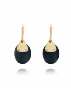 "Ciliegine" Gold And Black Onyx Ball Drop Earrings With Diamonds Details (LARGE)