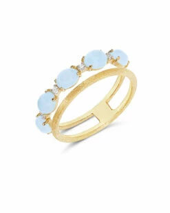 "Azure" Gold, Diamonds And Aquamarine Double-band Ring