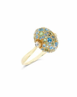 "Reverse" Gold, Blue Diamonds, Swiss Blue Topaz, Green Sapphires And London Blue Topaz Double-face Ring (MEDIUM) -Nanis Sales 887