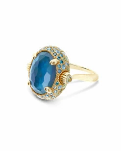 "Reverse" Gold, Blue Diamonds, Swiss Blue Topaz, Green Sapphires And London Blue Topaz Double-face Ring (LARGE)