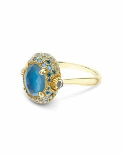 "Reverse" Gold, Blue Diamonds, Swiss Blue Topaz, Green Sapphires And London Blue Topaz Double-face Ring (MEDIUM)
