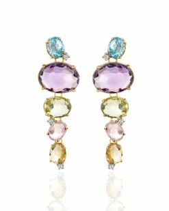 "ipanema" Gold, Amethyst, Blue Topaz, Quartz And Diamonds Drop Earrings