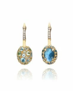 "Reverse" Ciliegine Gold, Blue Diamonds, Swiss Blue Topaz, Green Sapphires And London Blue Topaz Double-face Ball Drop Earrings (SMALL)