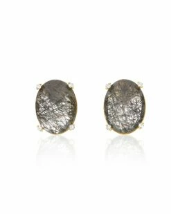 "Ipanema" Grey Rutilated Quartz, Diamonds And 18kt Gold Big Stud Earrings