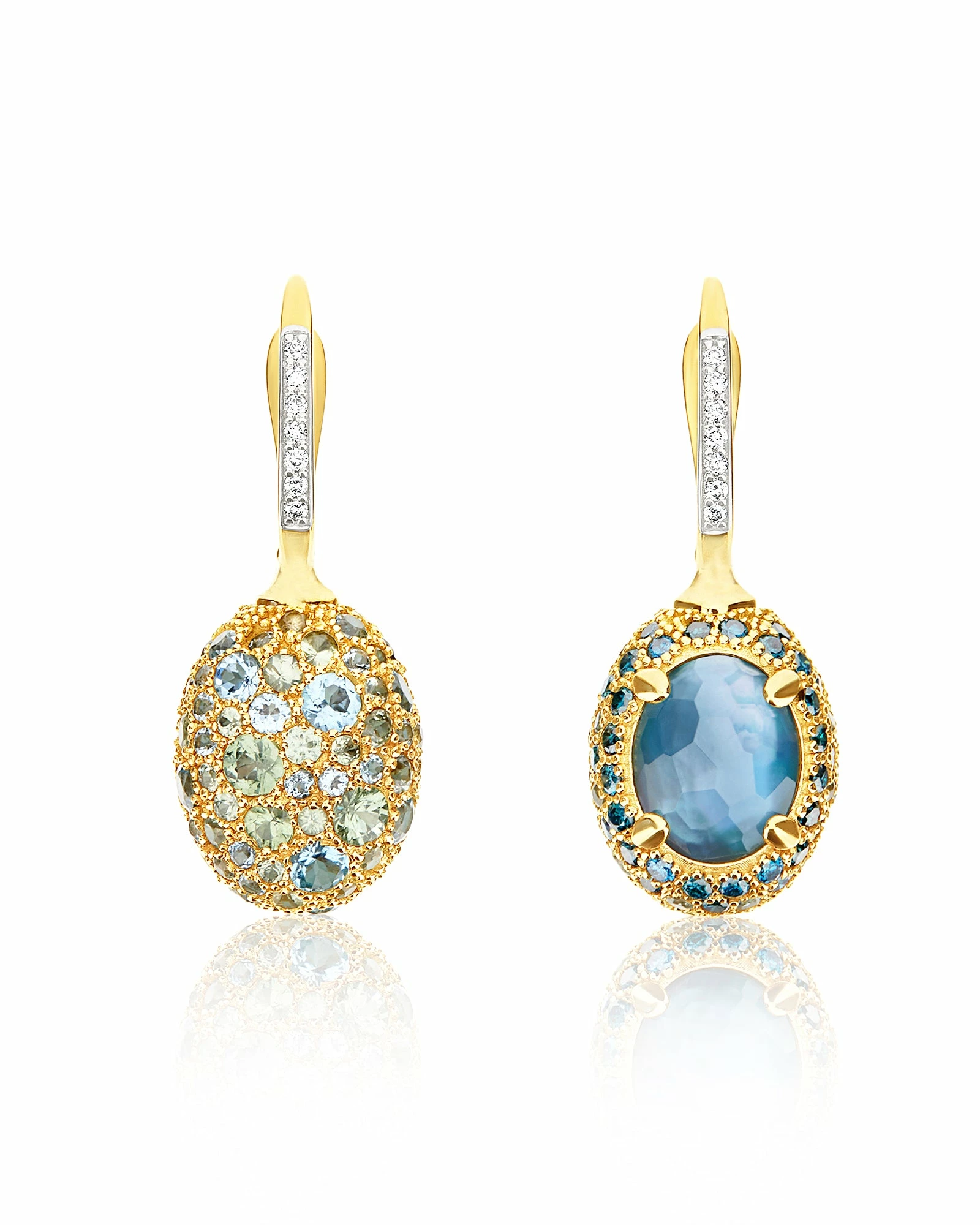 "Reverse" Ciliegine Gold, Blue Diamonds, Swiss Blue Topaz, Green Sapphires And London Blue Topaz Double-face Ball Drop Earrings (MEDIUM) 3 "Reverse" Ciliegine Gold, Blue Diamonds, Swiss Blue Topaz, Green Sapphires And London Blue Topaz Double-face Ball Drop Earrings (MEDIUM)