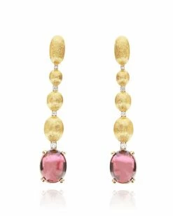 "Tourmalines" Gold, Diamonds And Pink Tourmaline Ball Drop Earrings (long)