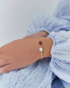 "Reverse" Gold, Pink Sapphires, Rubies, White Australian Opal And Diamonds Bangle -Nanis Sales BS4 584